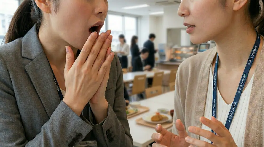 社員食堂で2人の日本人女性が不倫の噂について密談している口元のアップ。1人が耳打ちし、もう1人が驚いて口を開けている様子。胸元には社員証のストラップ。