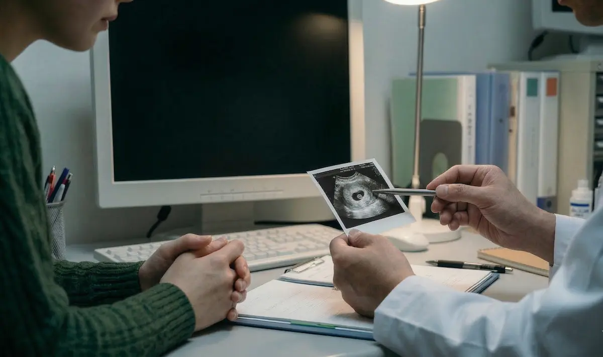 産婦人科の診察室で、不倫による妊娠の診断(エコー写真)を医師から受ける女性。不倫トラブルにおける法的対応や慰謝料問題の解説。