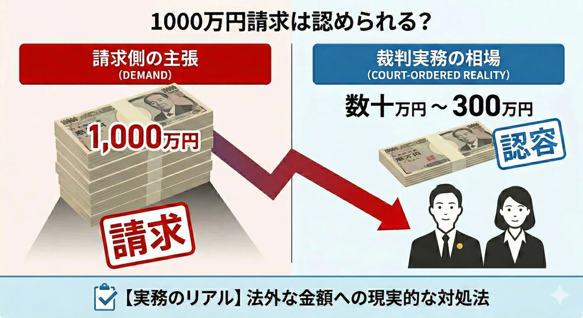 不倫の慰謝料1000万円請求と裁判実務の相場（数十万〜300万円）を比較した図解。法外な高額請求に対し、弁護士が適正な減額交渉をサポートするイメージ。