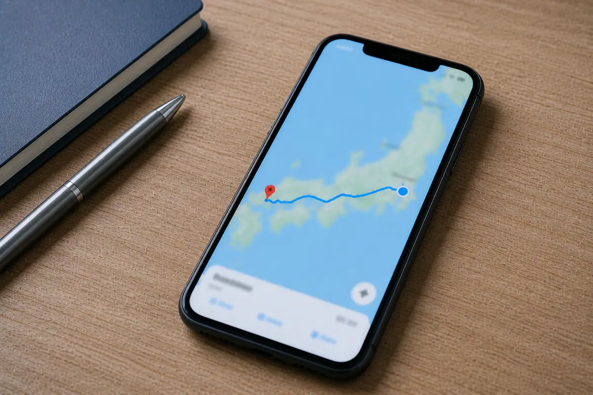 遠方の裁判所との物理的な距離や移動ルートをイメージさせるスマートフォンの地図画面